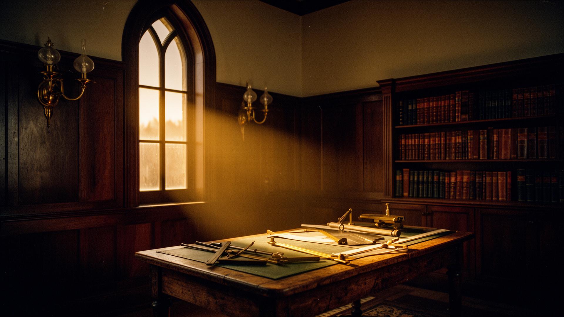 Historic lodge interior at dusk
