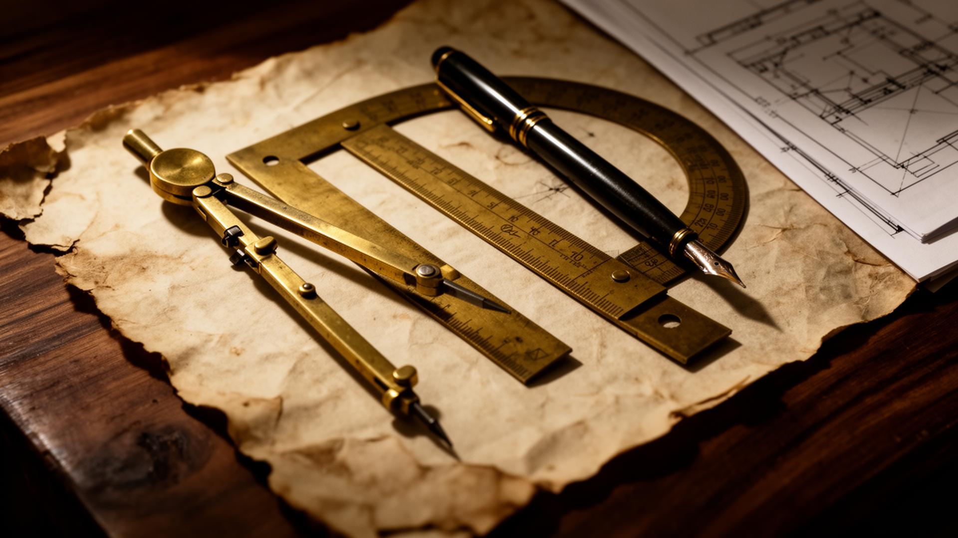 Antique architectural drafting tools on parchment